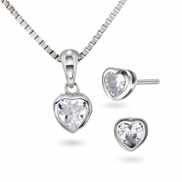 Hjerte-sett med smykke og øyrepynt - kvite cz